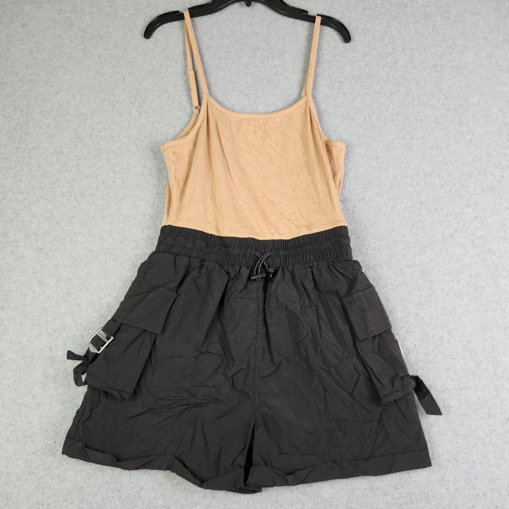 No Boundaries Romper Womens Small Beige Black Ribbed Stretch Adjustable‎ Strap